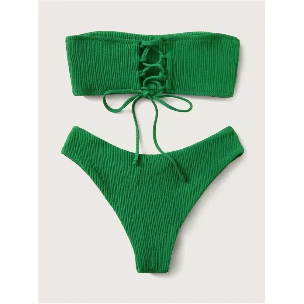 Green Bikini Drawstring Bandeau Swimsuit Lace Up Swimwear Women Beach Outfit Y2K Trend Bathing Suit Bikinis Set Traje Bano Mujer