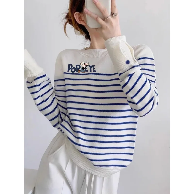 

Полосатый свитер с мультяшным принтом, весна-осень, новый стиль, женские топы