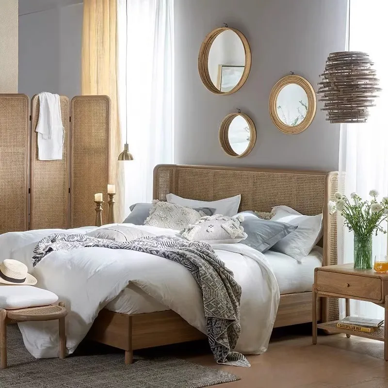 

Japanese rattan bed, ash master bedroom, solid wood bed, vintage bed, B&B, Nordic 1.8m double bed