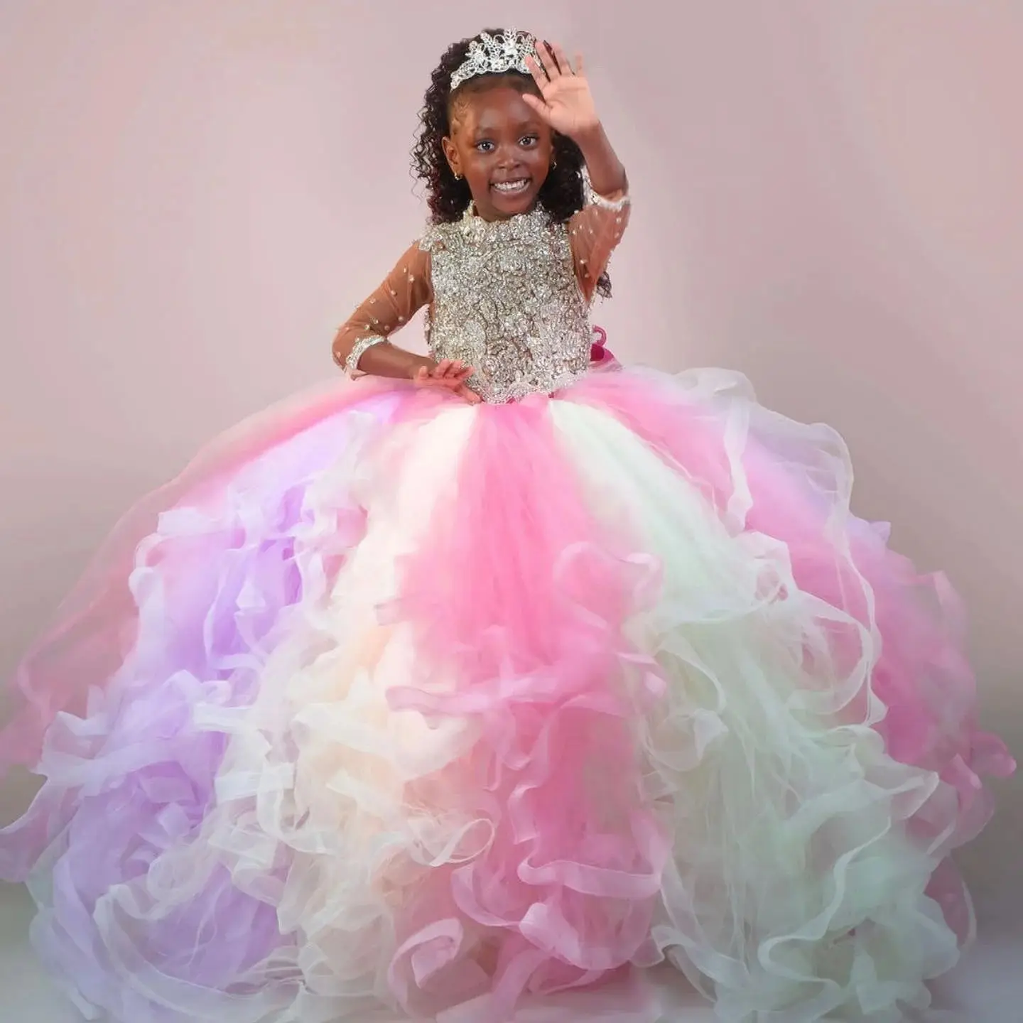 Colorful Beading Girls Birthday Party Dresses Bow Back High Neck Flower Girl Dresses Baby Kids Ball Gowns for Photo Shoot