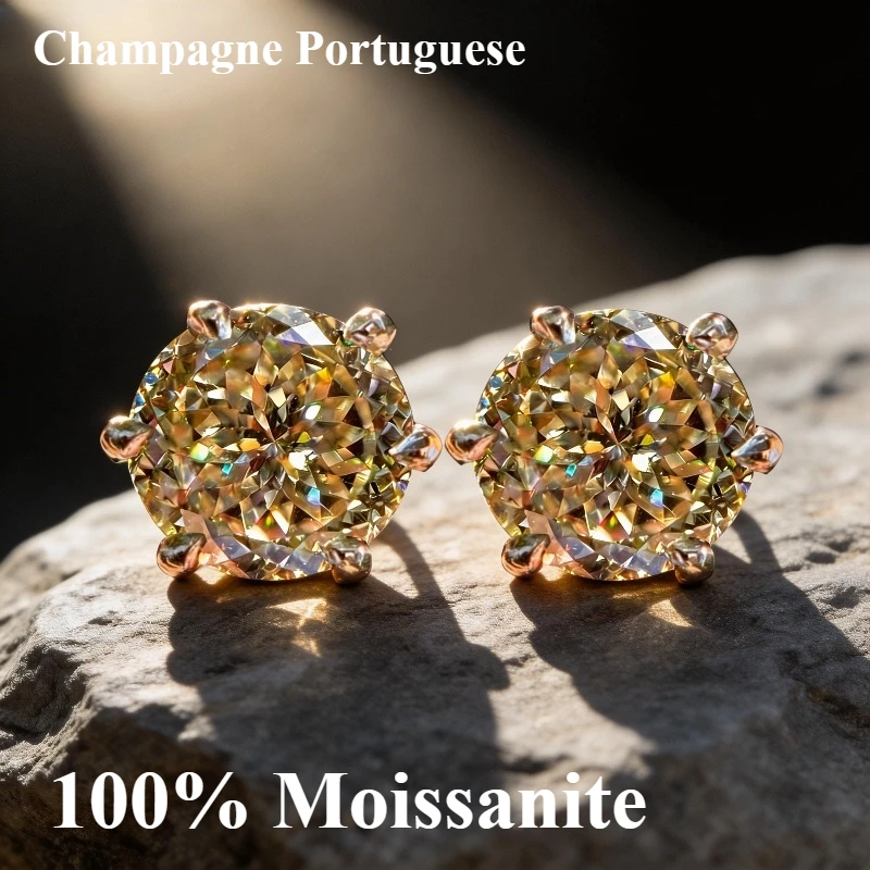 

100% moissanite 925 Sterling Silver champagne color 6.5mm round Portuguese Cut diamond Gemstone Ear Studs Earrings Jewelry
