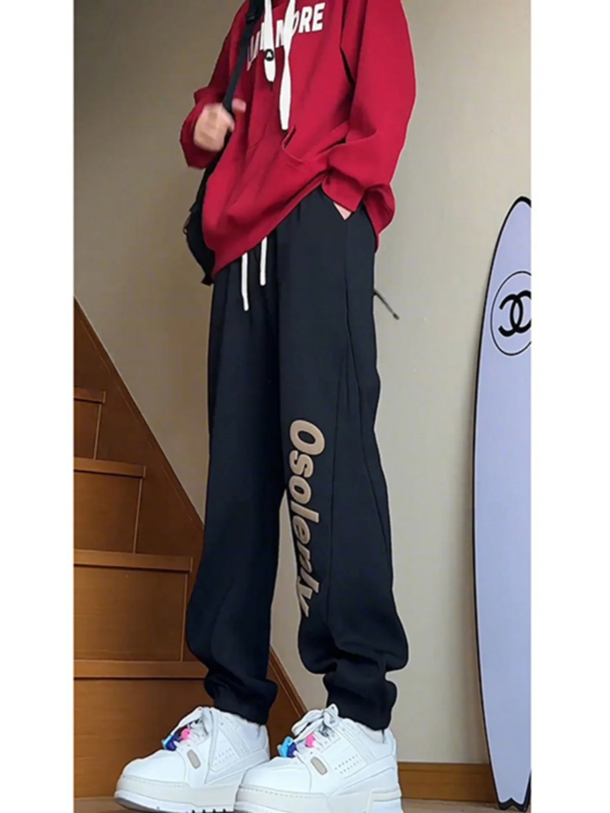 

American Sle Bla Fce Lined Hooded Pants for Men Autumn Winter Hiphop School orm Loose Cuffed Teenage Sports Trousers
