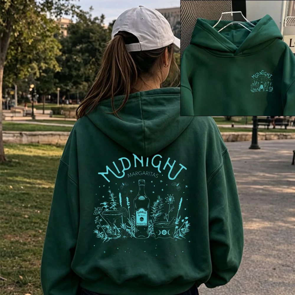 Midnight Margaritas Hoodie Magic‑Bottle Witch‑Herb Floral‑Plants Vintage‑Text Mystical‑Night‑Theme Cartoon Holiday Casual Hooded