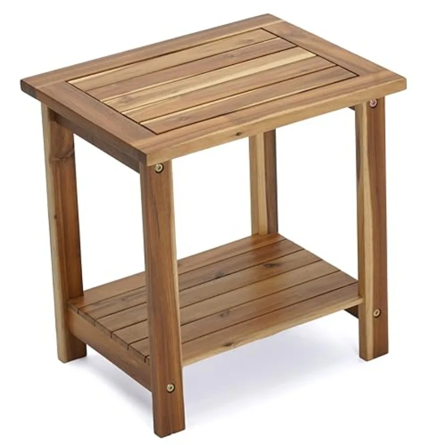 2-Tier Adirondack Side Table Weather Resistant Wooden End Table Rectangular Rustic Outdoor and Indoor Small Table for Patio Gar
