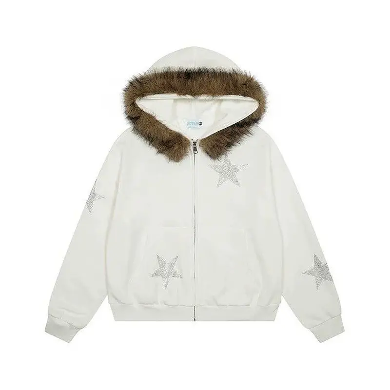 American Retro Hooded Coats for Women and Men Star Paillette Trim Hoodie Cardigan with Removable Fur Trim Hooded Sweatshirts
