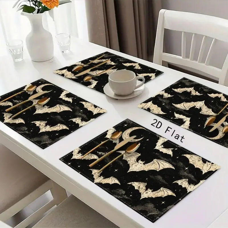 VIKAMA 2/4/6PCS Halloween Bat Moon Printed Meal Mat Insulation, Washable, Non slip Table Mat Kitchen Home Decoration