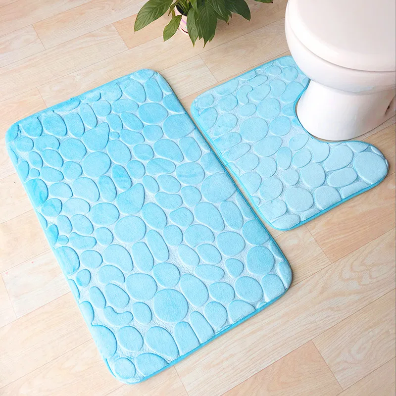 2 Pieces Set Creative 3D Stere Pebble Print Home Floor Mat Bathroom Water-absorbent Non-slip Foot Pad Washroom Decorative Carpet