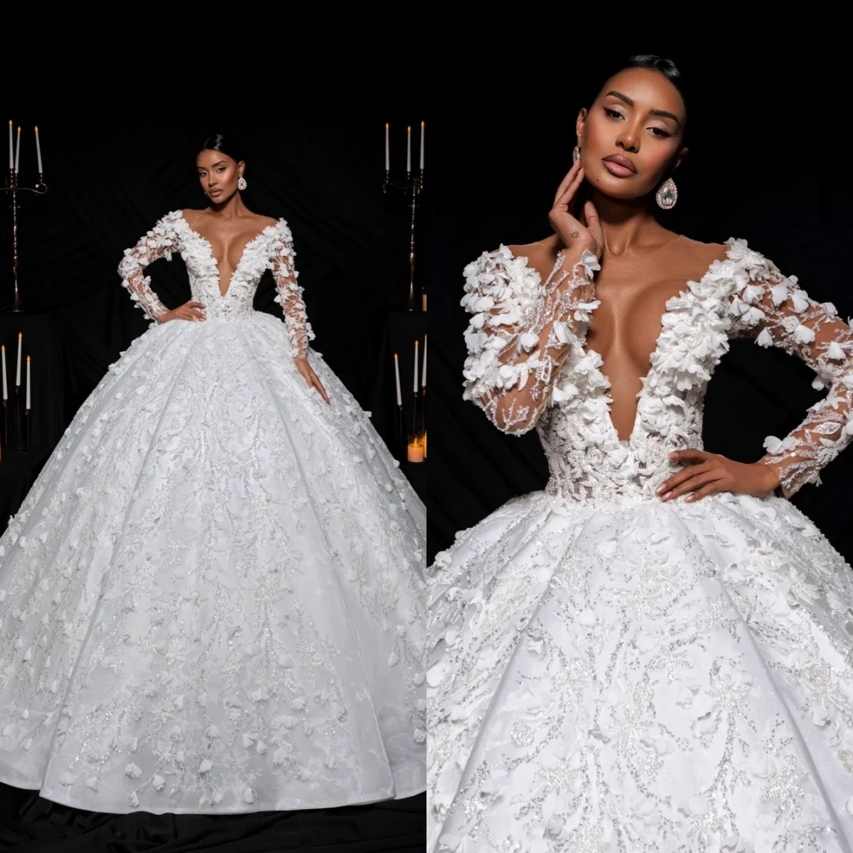 

Fancy Wedding Dresses 3D Flowers Bridal Gowns Sequins Deep V Neck Long Sleeves Backless Princess Customized Vestidos De Novia