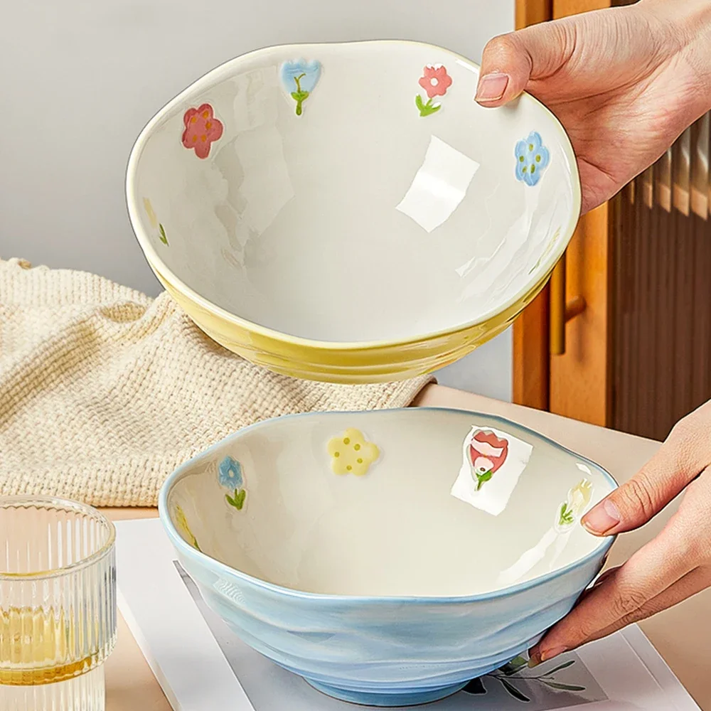 7Inches Ceramic Bowl Underglaze Floral Pattern Noodle Bowls Household Ramen Bowls Kitchen Durable Breakfast Congee Deep Bowl