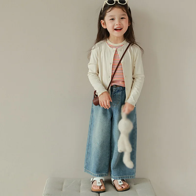 1PC Kids Girls Loose Straight Jeans Elastic Waist Pocket Decoration Skin Friendly Children's Pants For 3-8 T