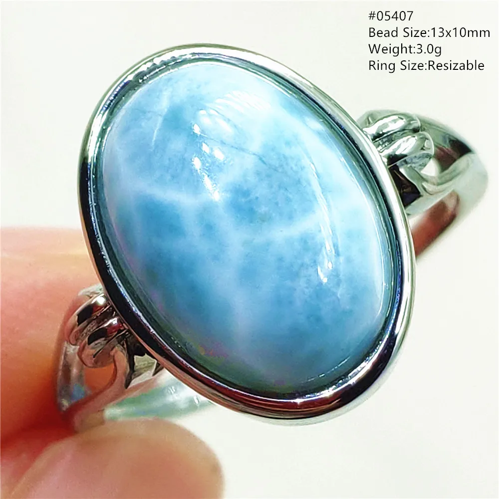 Natural Blue Larimar Oval Adjustable Ring Jewelry Water Pattern Real Larimar For Women Men Healing Fashion Stone AAAAAA