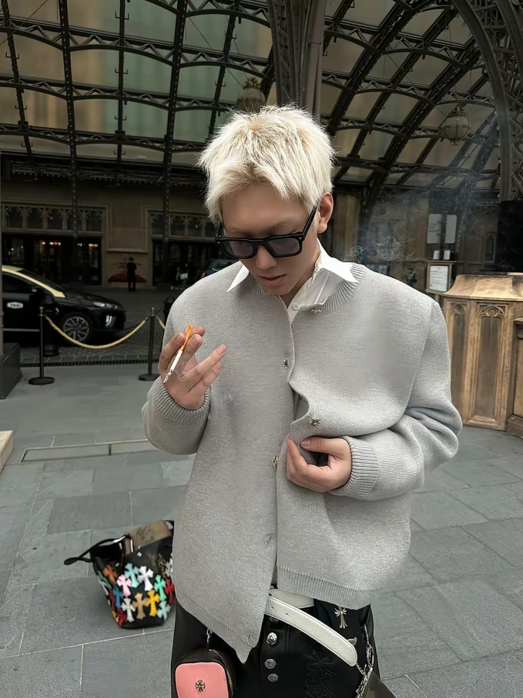 

Легкий вязаный кардиган на пуговицах для мужчин, в стиле лоу-эйр, с круглым вырезом, с цветочным узором, повседневный осенний свитер