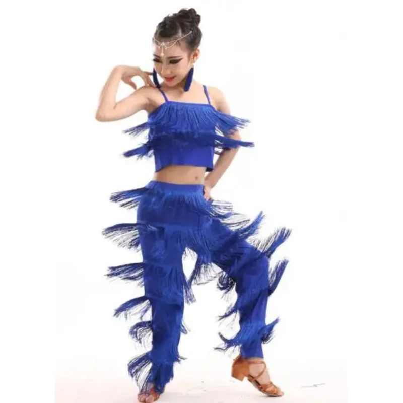 Latin Dance Dresses Ballroom Fringe Tassel Dress Pants Sequin Fringe Salsa Samba Costume Kids Children Girls Height 110 -170cm