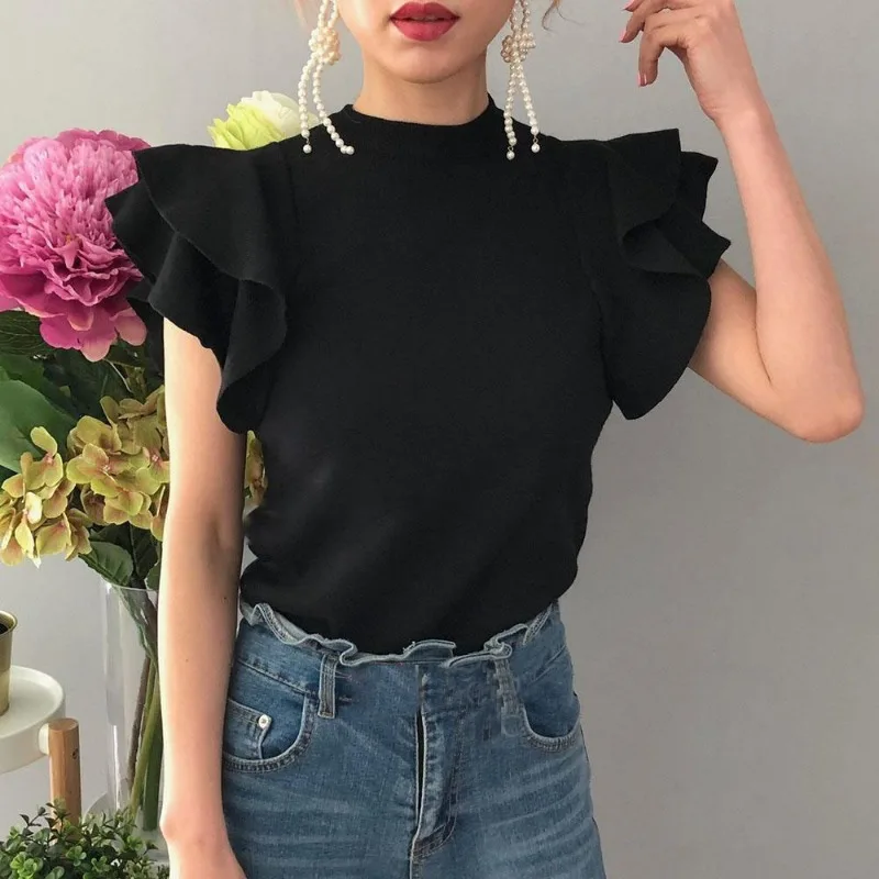 2023 Summer Korean Half Turtleneck Ruffle Sweet Pullover Knitwear New Causal Solid Slim Knitted Tops Women Tops Jumper Indie Y2k