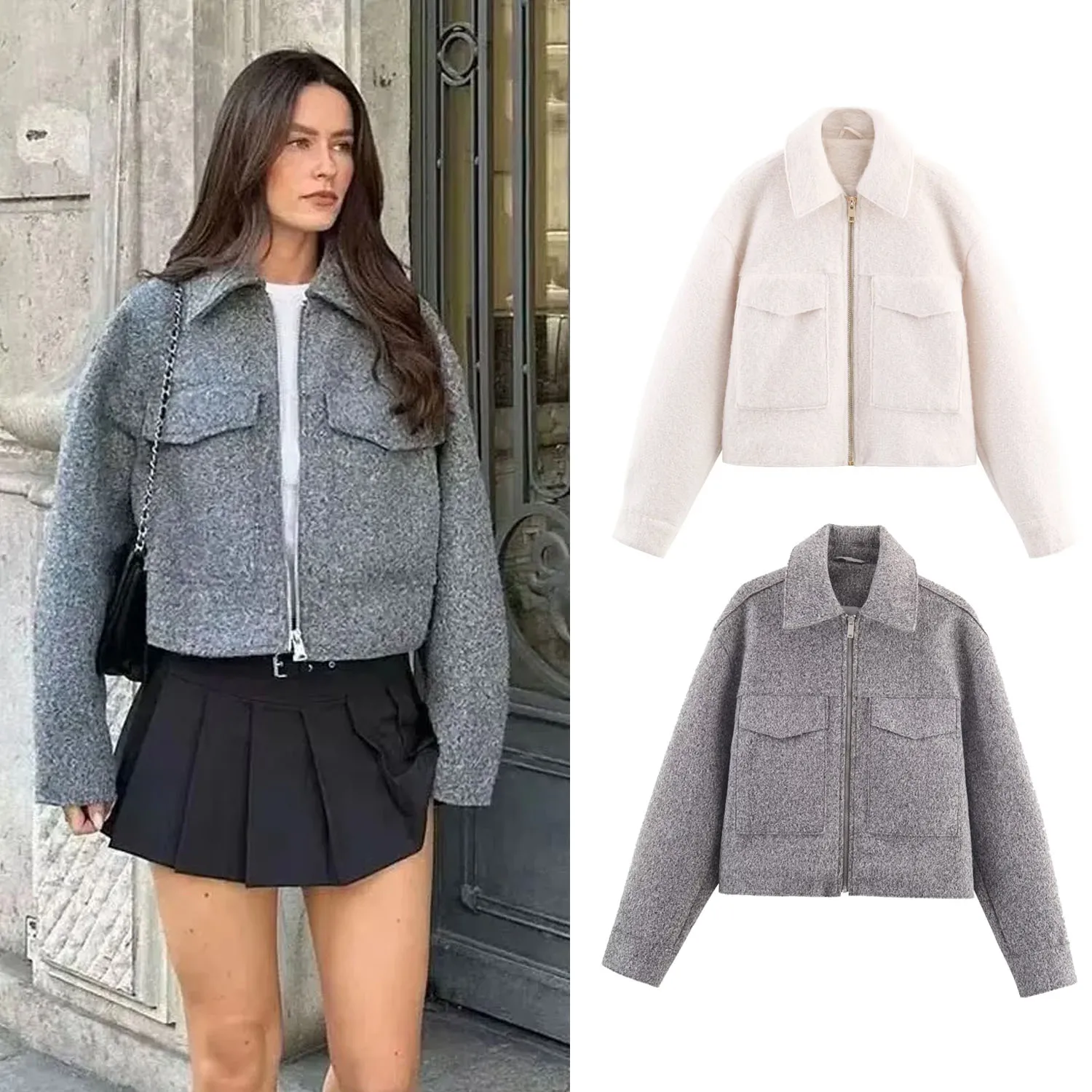 

Женская короткая куртка на молнии с отложным воротником, женские повседневные утепленные куртки с карманами для поездок на работу, пальто