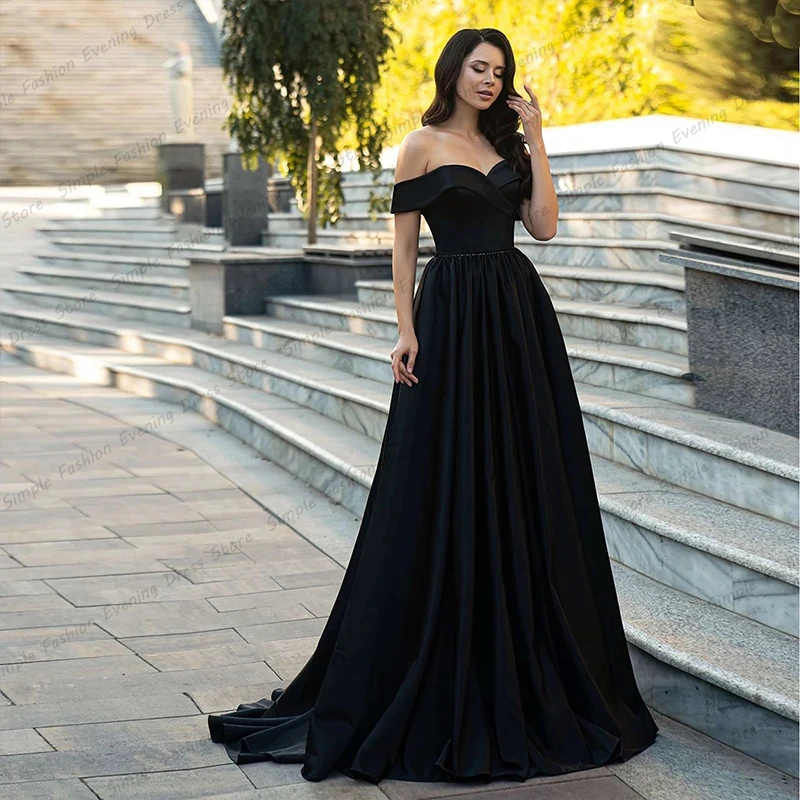 Vestido De noche De satén con hombros descubiertos para mujer, elegante Vestido De fiesta De princesa Formal, Sexy, color negro, 2023