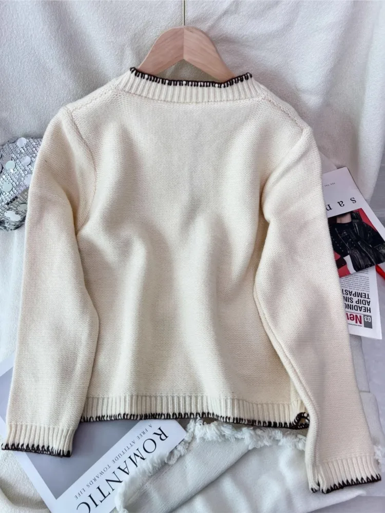 Новый вязаный кардиган с цветными блоками, осенне-зимний свитер с круглым вырезом в стиле ретро, повседневный женский свитер с длинными рукавами