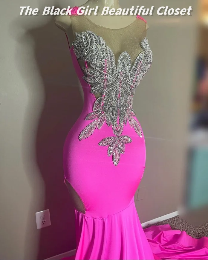 Barbie Pink Elegant Evening Gowns 2024 Sparkling Rhinestone Beaded Sequins Prom Dresses African Girls Sexy Fishtail Dresses