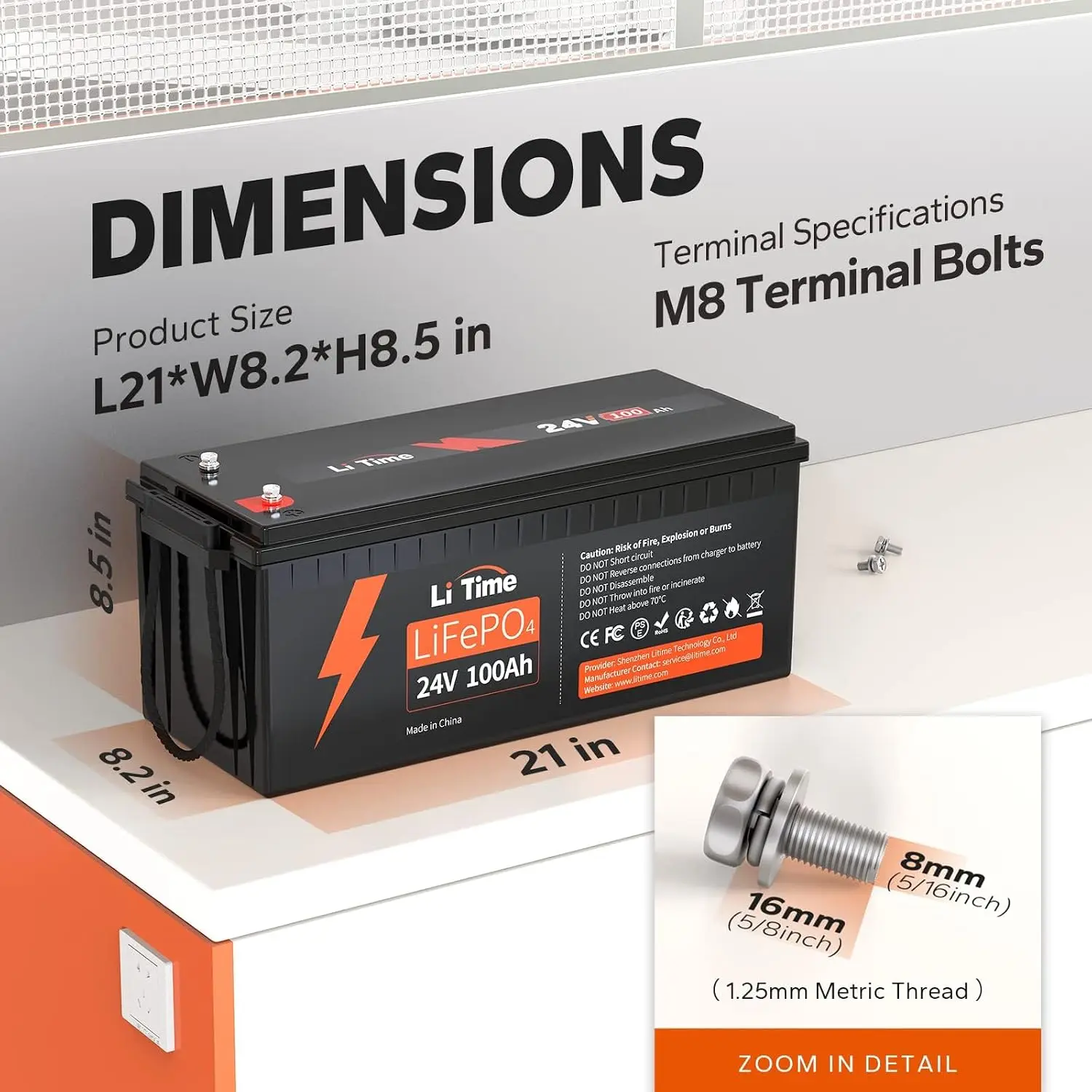24V 100Ah LiFePO4 Battery for Off-Grid RV Marine Home | 100A BMS, 4000+ Deep Cycle, IP65 Waterproof, Low-temp Cutoff, Custom