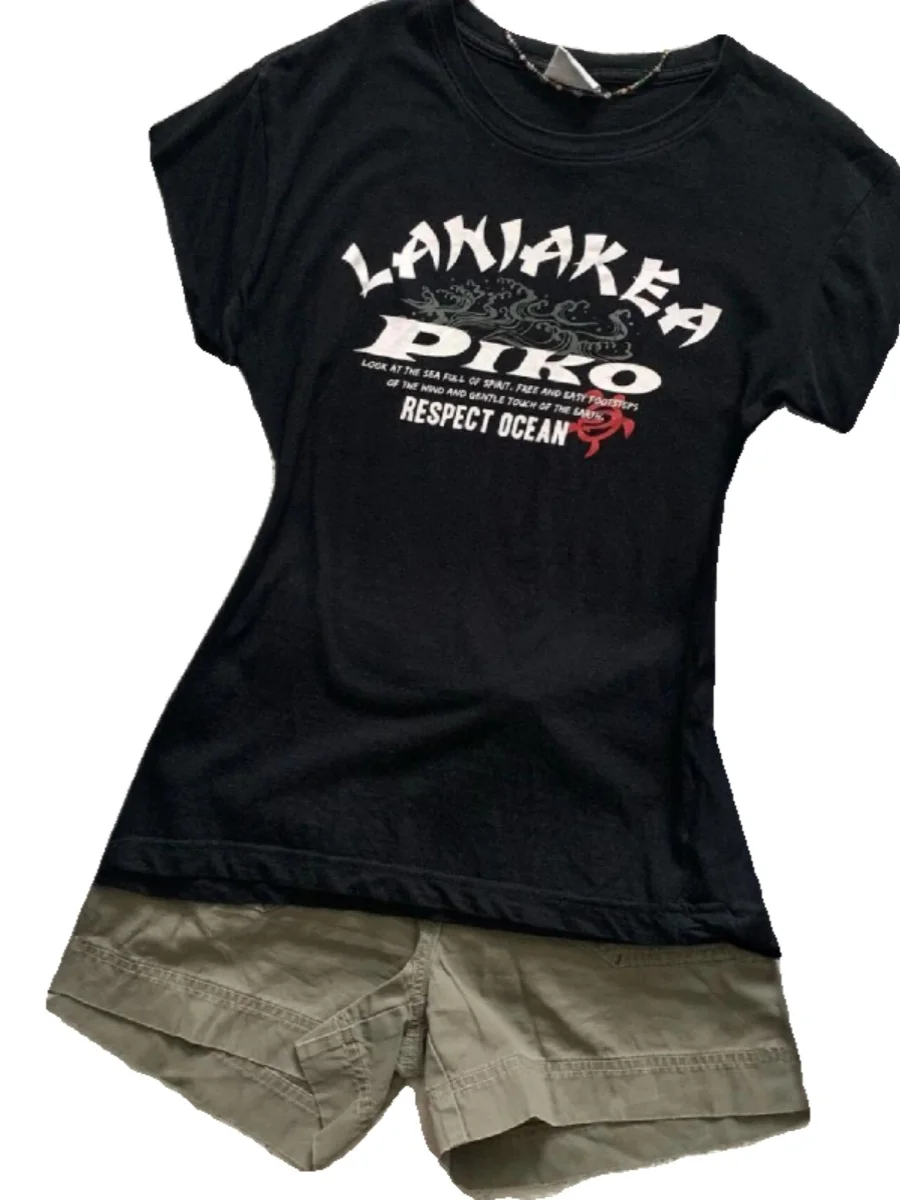 

Original Design itao Women's T-irt Bla Slimming Vintage American Sle Printed ort Sve round Ne Top