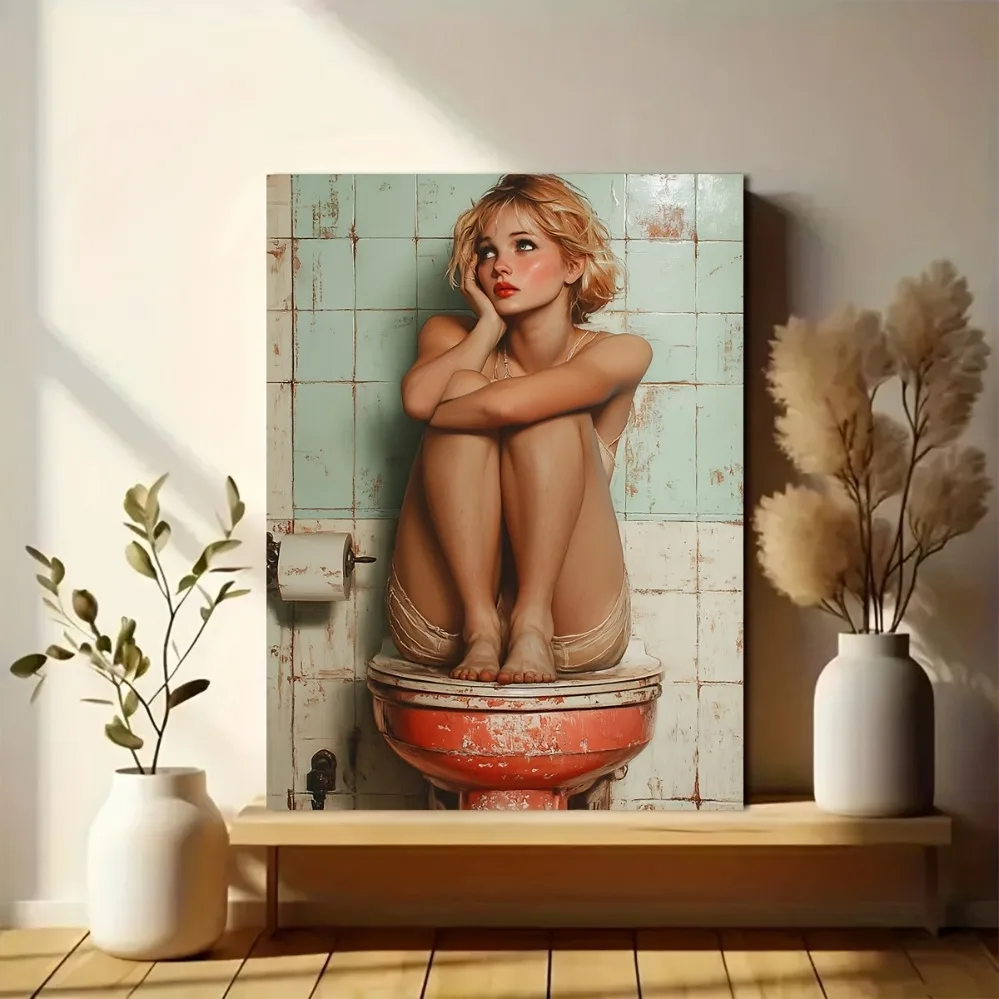 Fun Women's Bathroom Wall Decor - Vintage Humorous Poster, 2D Flat Iron Frame Sign, Funny Gift for Female Toilet & Space