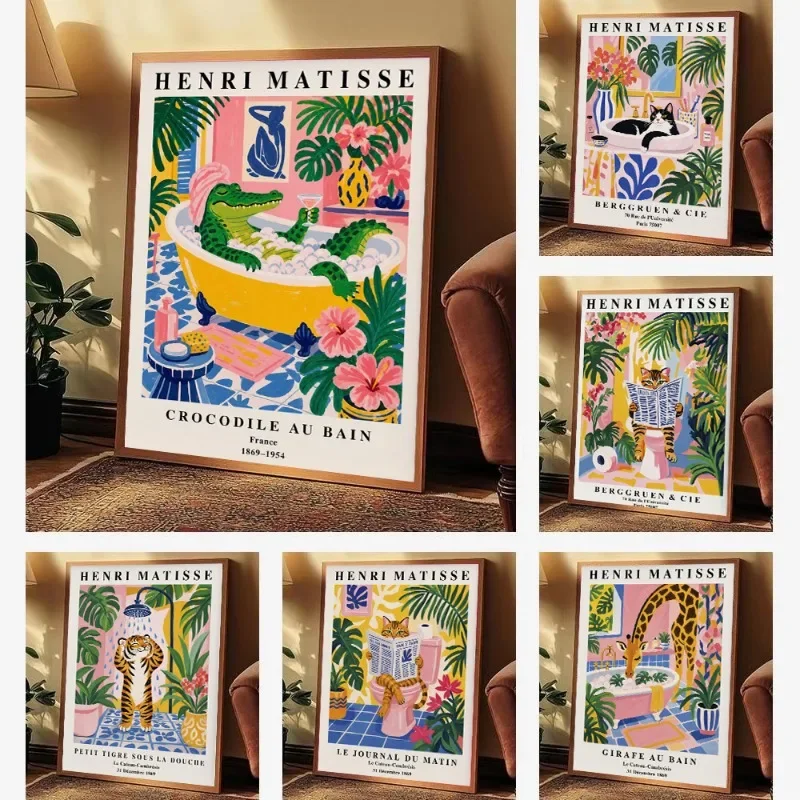 Diamond Painting Matisse Funny Cat Poster Colorful Tropical Animal Toilet Tiger Dinosaur Bathing Diamond Painting  Wall Art fo