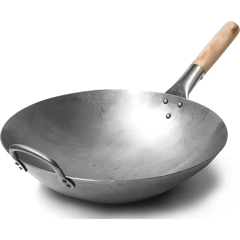 

Traditional Hand Hammered Carbon Steel Pow Wok with Wooden and Steel Helper Handle (14 Inch, Round Bottom) / 731W88