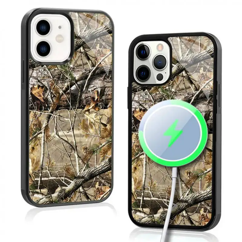 Real Tree Camo Phone Case For IPhone 11 12 13 14 15 Plus Pro Max Mirror Acrylic Cover For Magsafe Wireless Charging