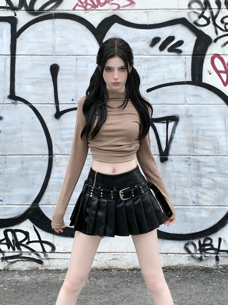 Women's Black Gothic A-line Pleated Leather Skirt Y2k Mini Shorts Skirts Harajuku Korean Emo Skirt 2000s Vintage Clothes Summer
