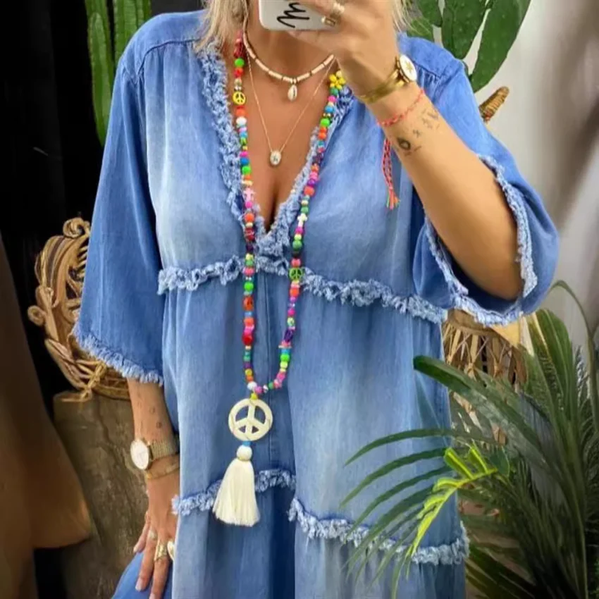 Jeans Long Dress Women V Neck Short Sleeve Summer Boho Long Denim Dresses Womens