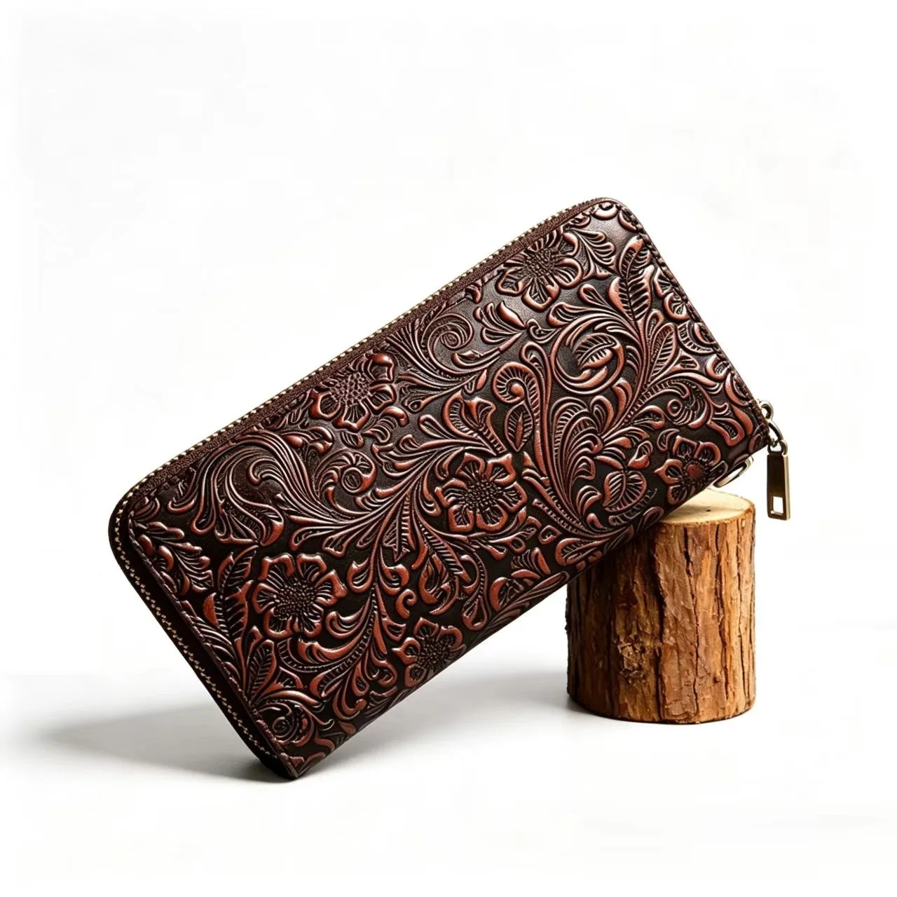 3D Embossed Floral Genuine Leather Wallet Long Brown Cow Leather Purse Man 2026 Cowhide Zipper Clutch Unique Gift for Men