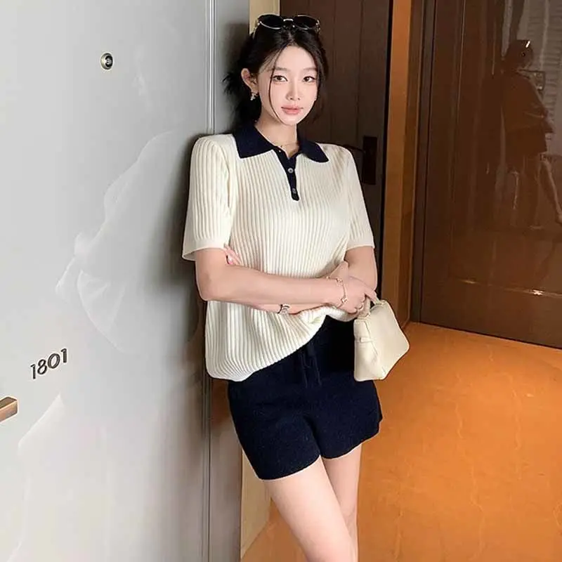 Preppy Tennisstijl Polo Gebreide Set Dames Zomer Cropped Top + Shorts Outfit Sportief Chic Tweedelige Y2K Vrijetijdskleding Hoge kwaliteit