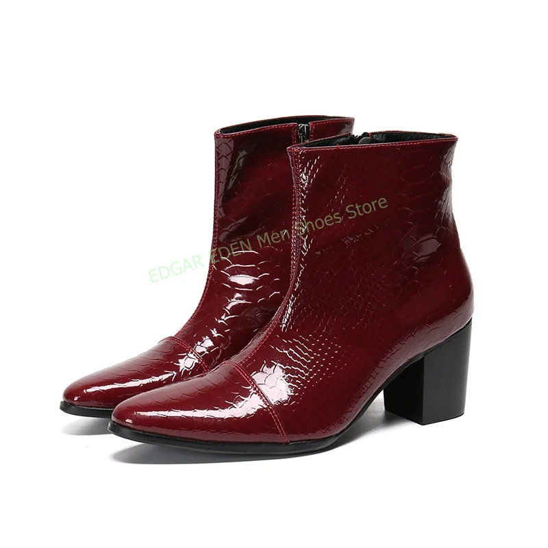 Fashion Snakeskin Pointed Toe Men Leather Ankle Boots Side Zipper Spring Autumn Male Wine Red Black Office Dress Formal Shoes