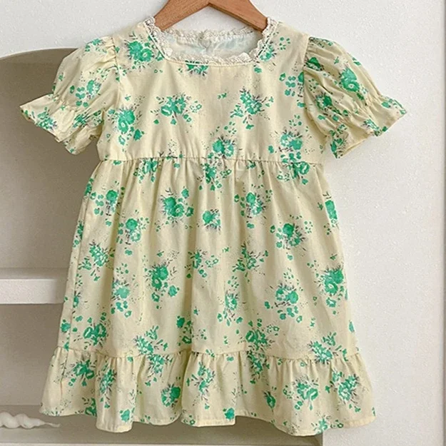 Girls Skirt 2026 Spring Summer New Childrens Clothing Girls Baby Lace Broken Flowers Short-sleeved Princess Skirt Casual Sweet