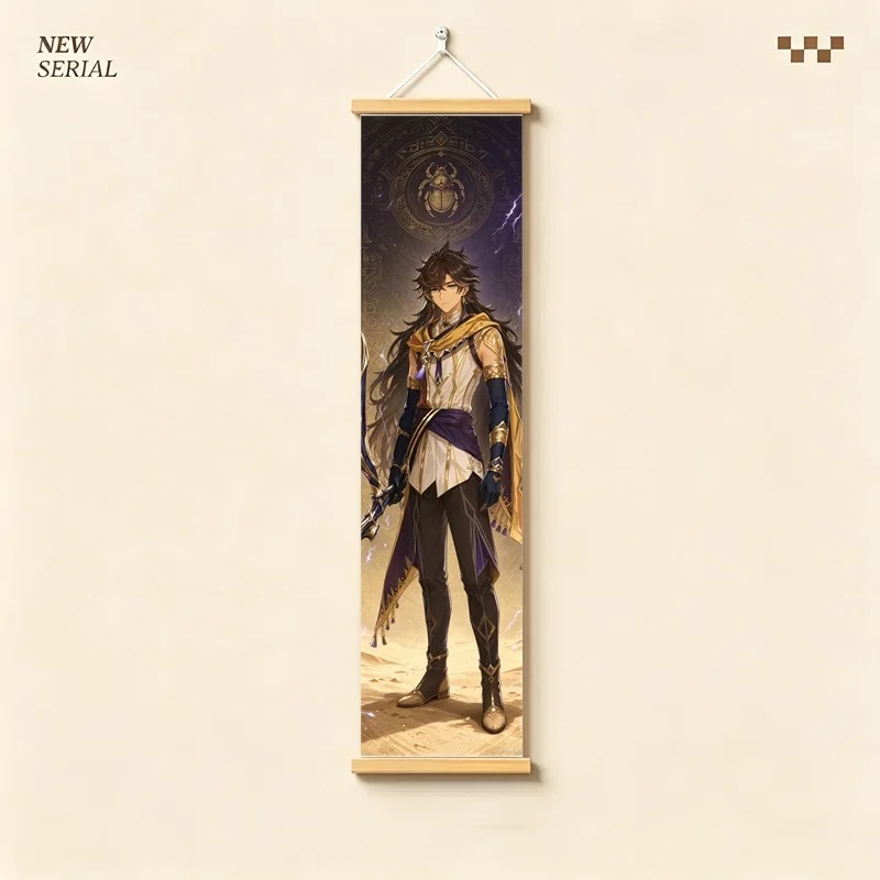 Hanging Scroll Wall Art of Genshin Impact Sethos with Gold and Violet Glow on Silver Shimmer Canvas for an Anime Bedroom