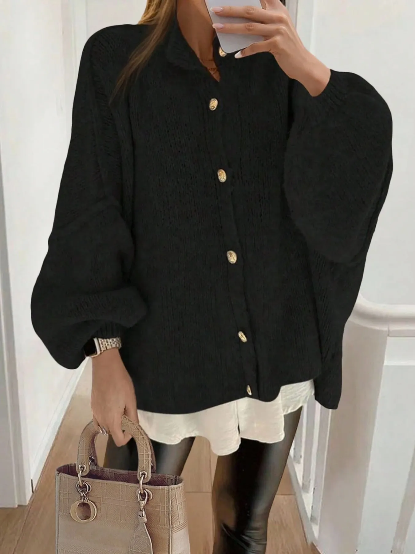 سترة نسائية محبوكة بلون موحد، ملابس تريكو عصرية للخريف والشتاء، فضفاضة ومريحة، قميص محبوك بأكمام طويلة، ملابس نسائية، مناسبة للارتداء الكاجوال، الأعمال، عطلة، موسم التخرج #1