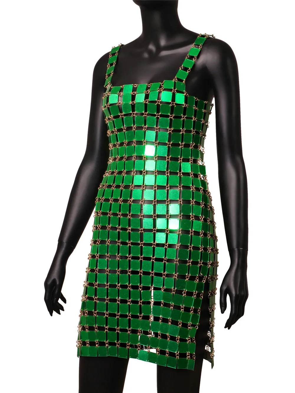 Mini robe sexy à paillettes acryliques pour femmes, évidée, dos nu, fibre, bretelles spaghetti, robes brillantes, robe de soirée, vert