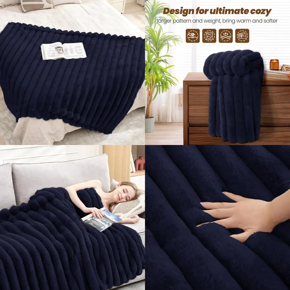 

Luxury Striped Plush Faux Fur Throw, 60x80, Navy Blue for Sofa & Bedroom Comfort