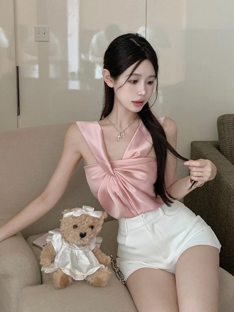 French Style Women Sexy Halter Clothing Summer Skinny Inner Tops Aesthetic Irregular All-match Folds Streetwear Mujer Fashion