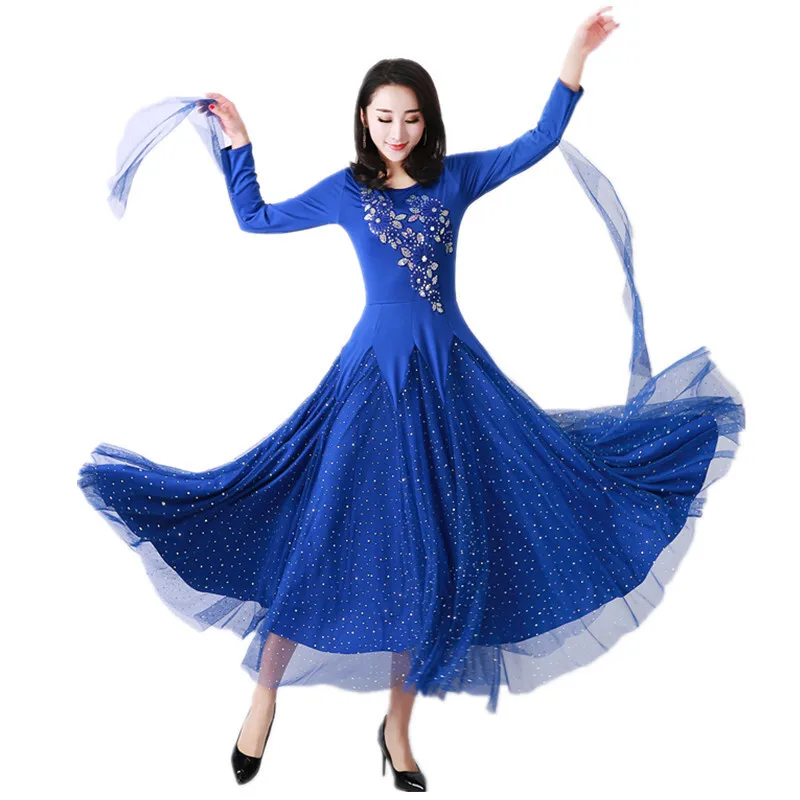 Modern Blue Elegant Ballroom Blue Dance Performance Attire Social Performance Attire New Waltz Yarn Skirt Dress