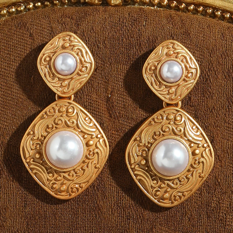 

Vintage Pearl Earrings 18k Real Gold Color Square Drop Dangle Antique Accessories For Women Wedding Luxury Quality Jewelry 2025