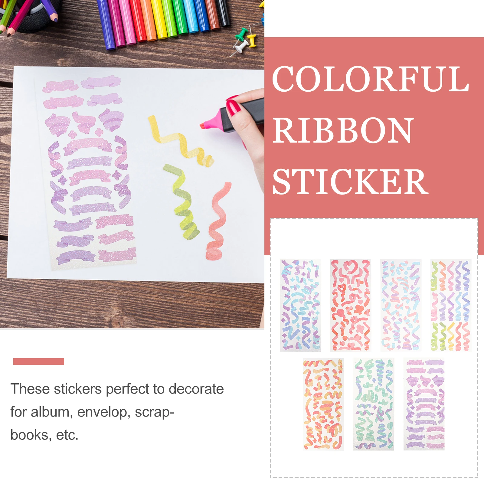 

7pcs Colorful Ribbon Stickers Glitter Self Adhesive DIY Craft Decals Envelope Scrapbook Decoration Shine Labels for Handicraft
