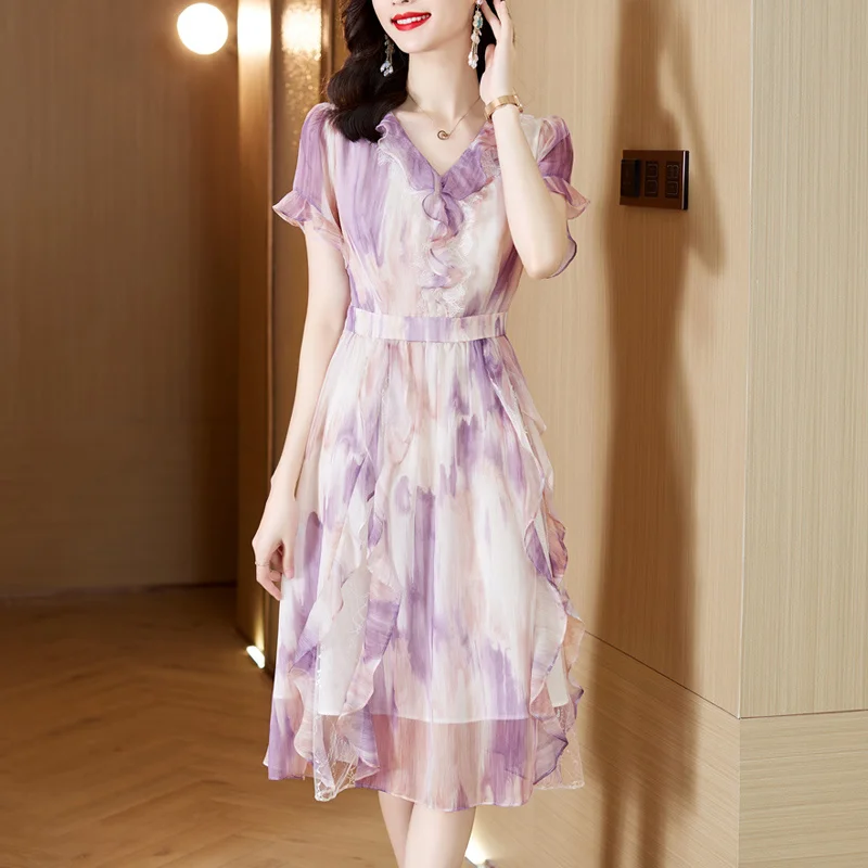 

Casual 2023 Vintage Silk Beach Resort Summer Purple Printed Short Sleeve Midi Dress Women Elegant Skinny Party Vestido