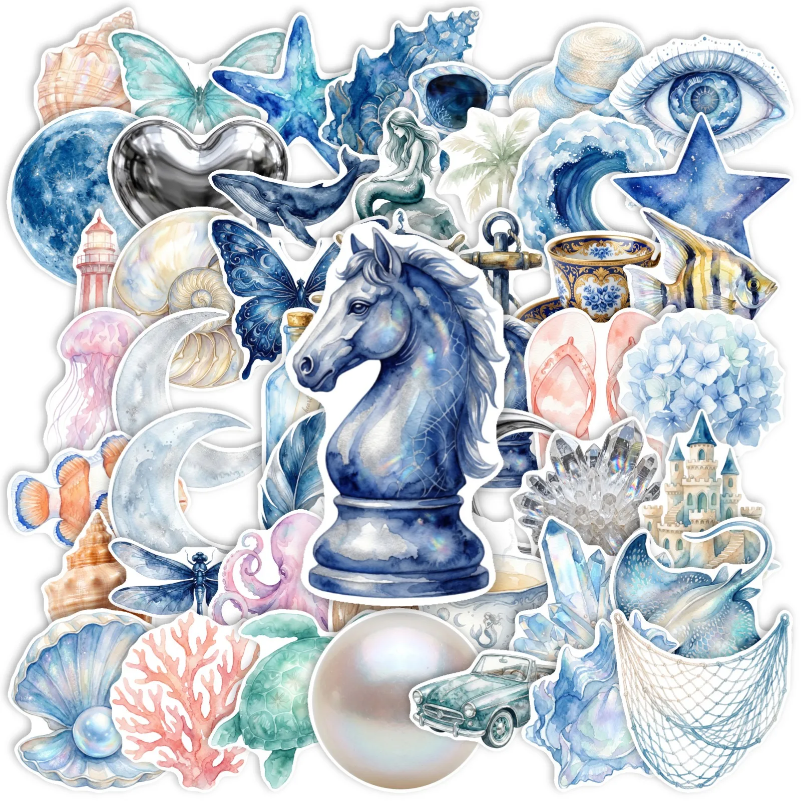 50 PCS Ocean Life Theme Hand Drawn Stickers Creative Hand Account Decorate Scrapbook Notebook Water Cup Non Repeated Decals