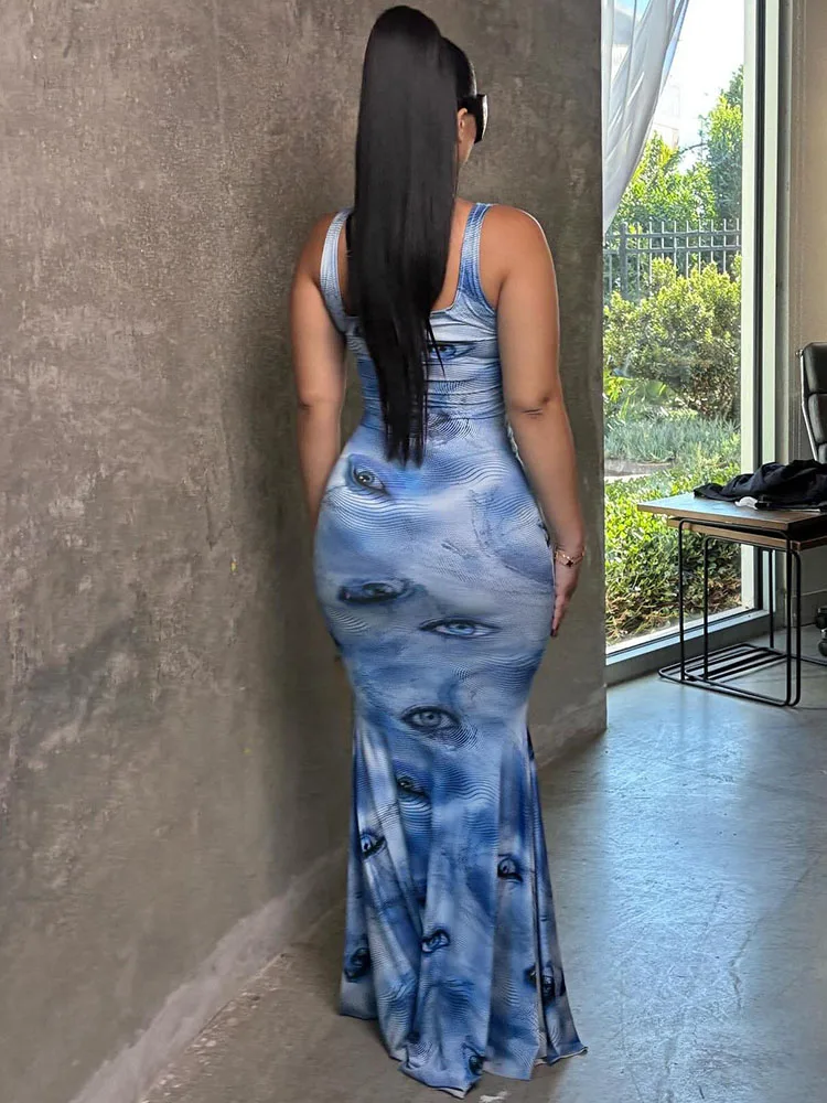 Nibber مثير ماكسي فساتين امرأة عيون طباعة مثير منخفضة الرقبة الانقسام أكمام نحيل عالية الخصر رداء الساخن الفتيات موضة Vestidos #5