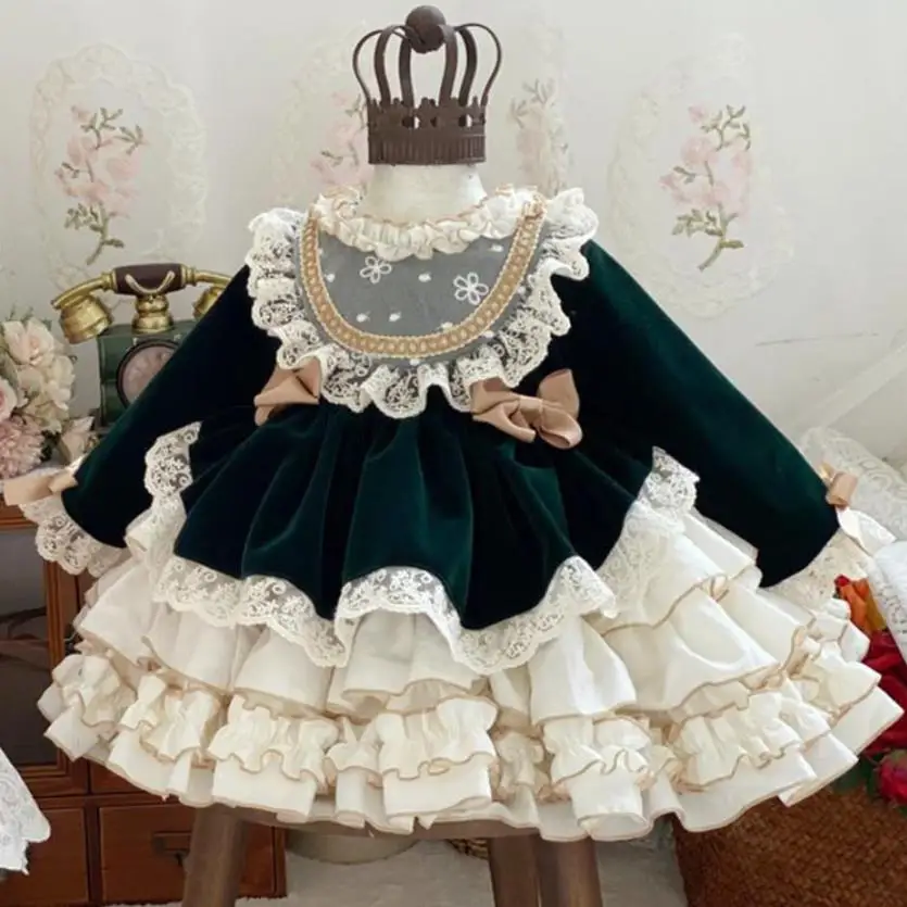 

Spring Autumn New Spanish Vintage Lolita Ball Gown Lace Design Birthday Baptism Eid Party Girls Princess Dresses A3529