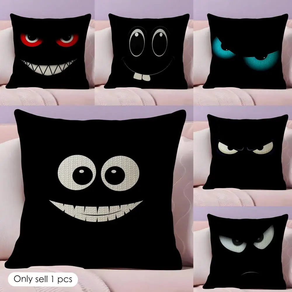 Black Emoticons Cushion Cover Summer Coolness Linen Fabric Double-Sided Printing Pillow Case Sofa Home Decor Gift