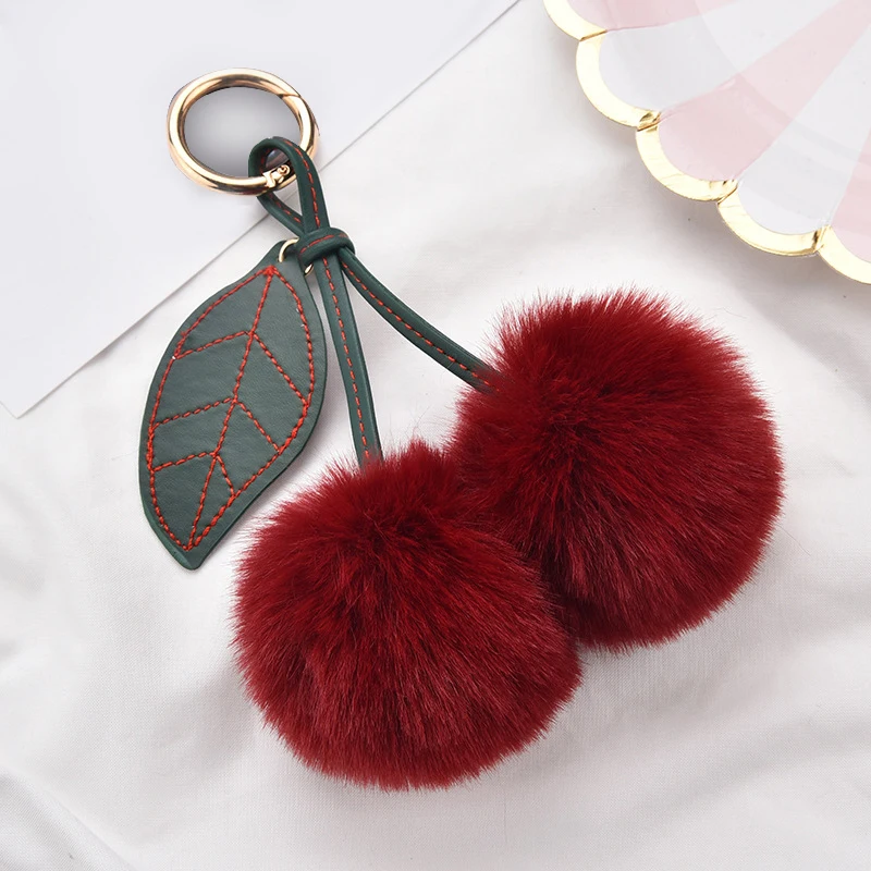 Llaveros de cereza de felpa para mujer y niña, llaveros de dibujos animados esponjosos, Bola de piel de conejo, Pompón, hoja, llaveros, regalos para bolso, nueva moda