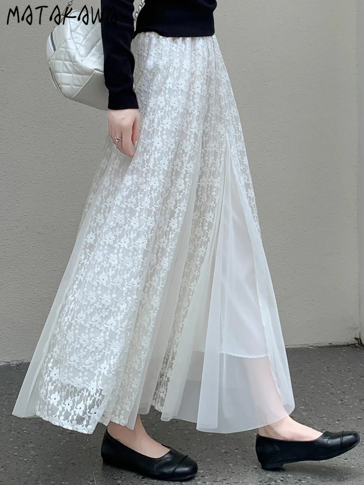 

Matakawa White Lace Mesh Women Skirts A-line Korean Fashion Elegant Sweet Long Skirt Vintage Spring Autumn Ropa De Mujer