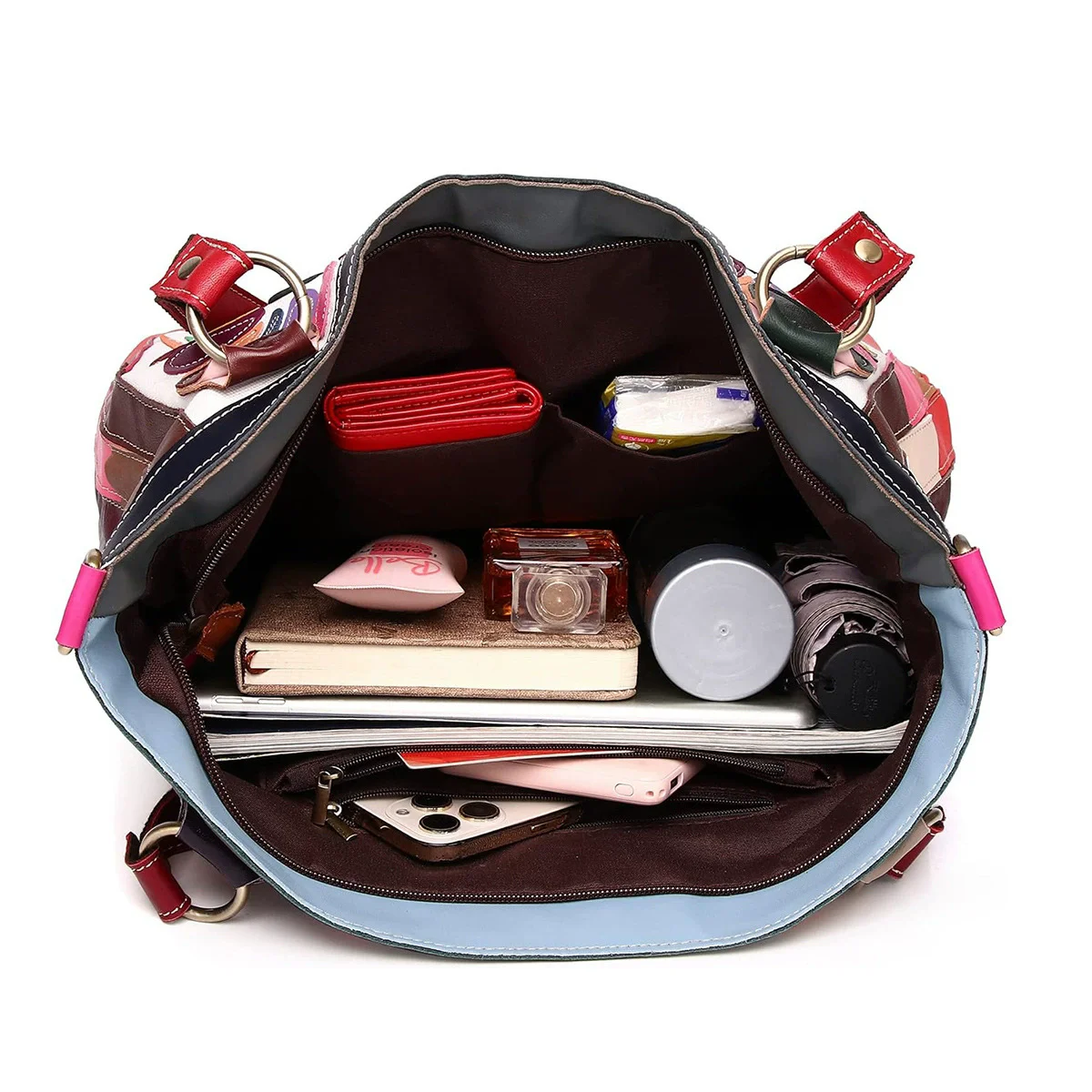 Women's Genuine Leather Crossbody Bag with Colorful Flower Pattern Retro Rivet Lock Hand-held Shoulder Bag Stylish Stitching